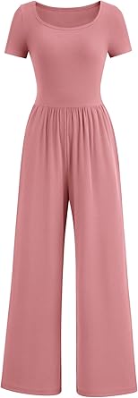 PRETTYGARDEN Women's Summer One Piece Jumpsuits Dressy Casual Short Sleeve Square Neck Wide Leg Jumpsuit Rompers