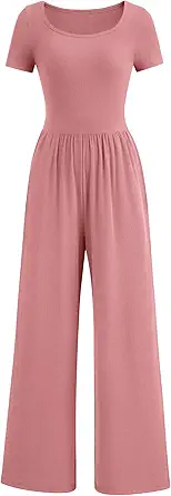 PRETTYGARDEN Women's Summer One Piece Jumpsuits Dressy Casual Short Sleeve Square Neck Wide Leg Jumpsuit Rompers