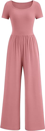 PRETTYGARDEN Women's Summer One Piece Jumpsuits Dressy Casual Short Sleeve Square Neck Wide Leg Jumpsuit Rompers