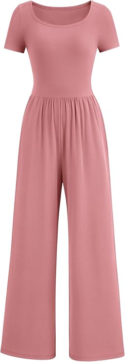 PRETTYGARDEN Women's Summer One Piece Jumpsuits Dressy Casual Short Sleeve Square Neck Wide Leg Jumpsuit Rompers