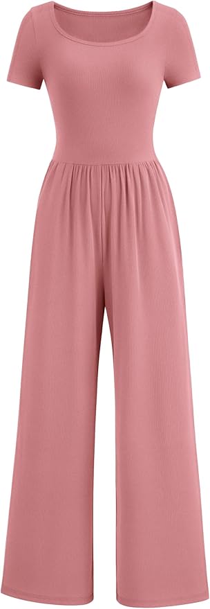 PRETTYGARDEN Women's Summer One Piece Jumpsuits Dressy Casual Short Sleeve Square Neck Wide Leg Jumpsuit Rompers