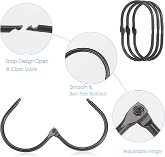 Goowin Shower Curtain Rings, 12 Pcs Shower Curtain Hooks, Oval Snap Shower Rings for Curtain, Metal Black Shower Curtain Rings Rust Proof, Glide Smoothly Shower Hooks for Shower Curtain Rod (Black)