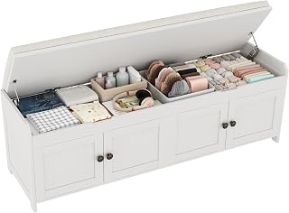 HOMEFORT 54.4" White Shoe Storage Bench with Lift-Top Hidden Compartment, Cushioned Entryway Seat for Bedroom & Hallway Organization