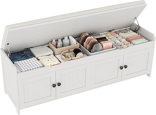 Miniatura 16 de HOMEFORT - Banco de almacenamiento con tapa elevable y acabado de madera, banco con asiento acolchado para almacenar zapatos, para pasillo,