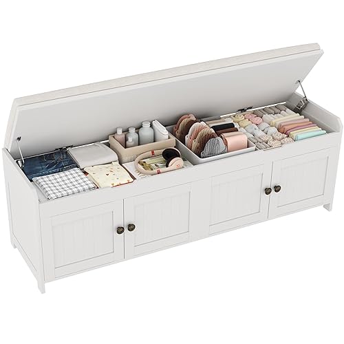 HOMEFORT 54.4" Shoe Bench with Lift Top Storage, Entryway Bench with Cushioned Seat, Wooden End of Bed Bench, Shoe Cabinet Bench with Hidden Storage Space, for Bedroom, Hallway,White - 54.4"Wx14.9"D x18.1"H - White