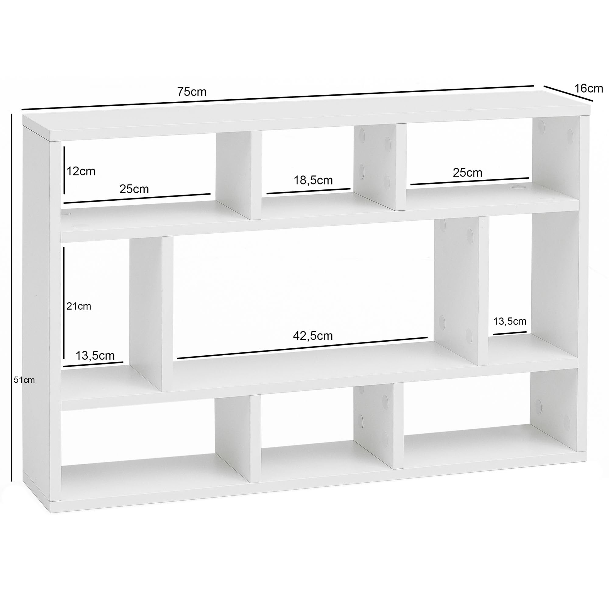 WOHNLING Półka Ścienna 75x16x51 cm Biała, Półka Wisząca 9 Przegrody | półka ścienna wisząca o przejrzystej strukturze, półka wisząca do książki i dekoracje