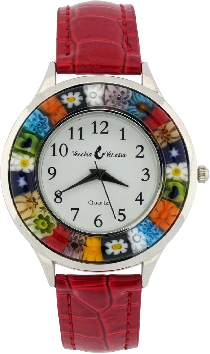 Glass Of Venice Serena Murano Millefiori Watch with Leather Band - Red