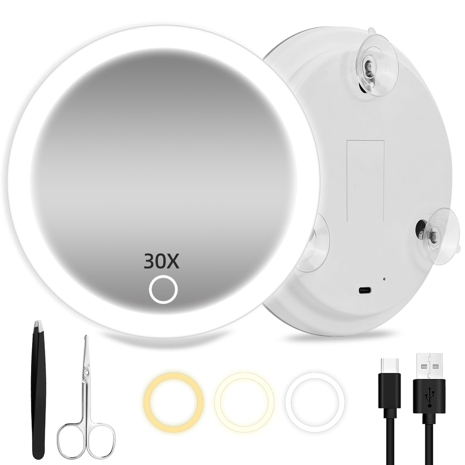 LED-Kompaktspiegel, 30-Fach-Vergrößerungsspiegel mit Licht, 15cm Reisespiegel mit Vergrößerung, wiederaufladbarem beleuchtetem 30-facher Vergrößerungsspiegel
