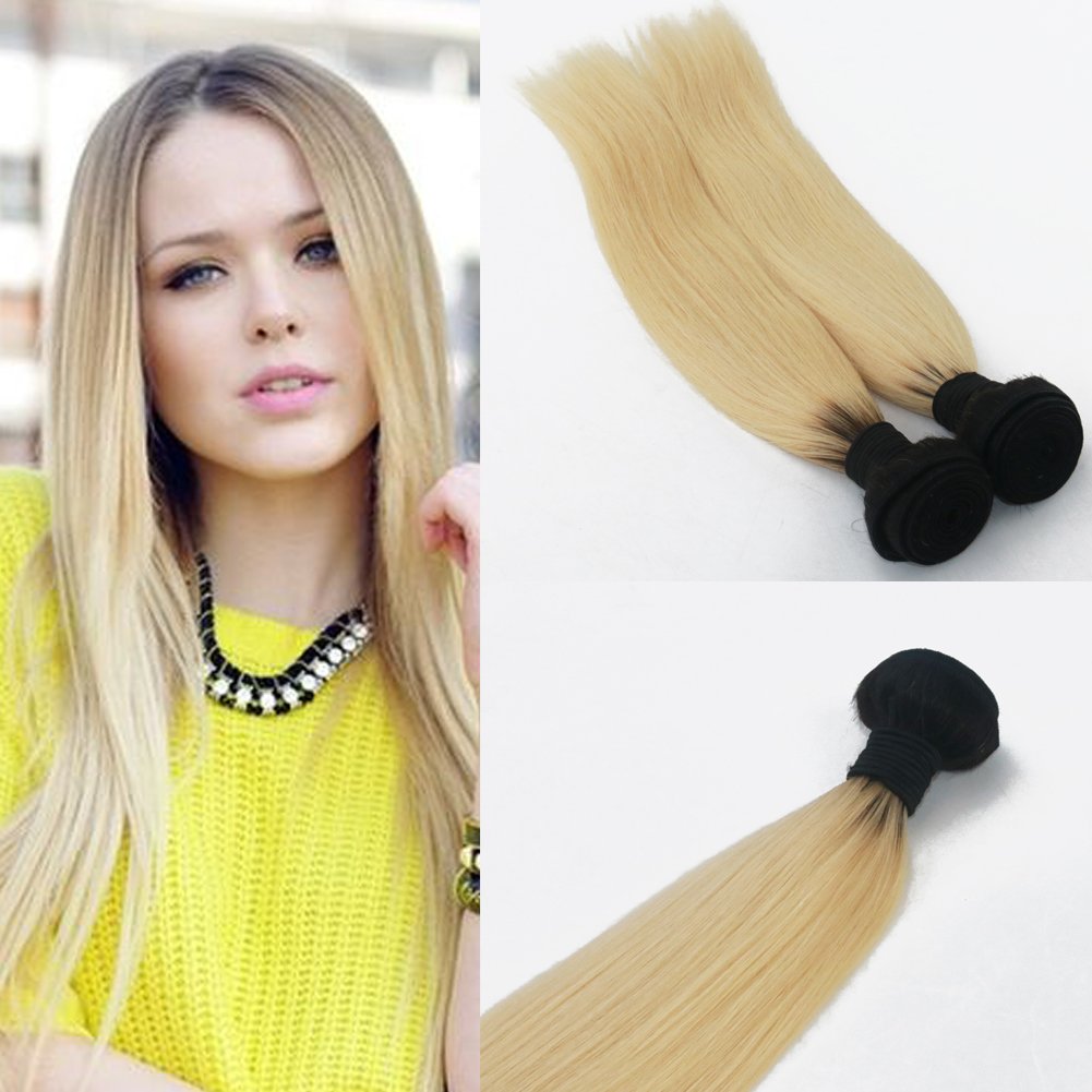 Golden Blonde Hair Dip Dye Hair Straight 16 Inch 100g Bundle Silky