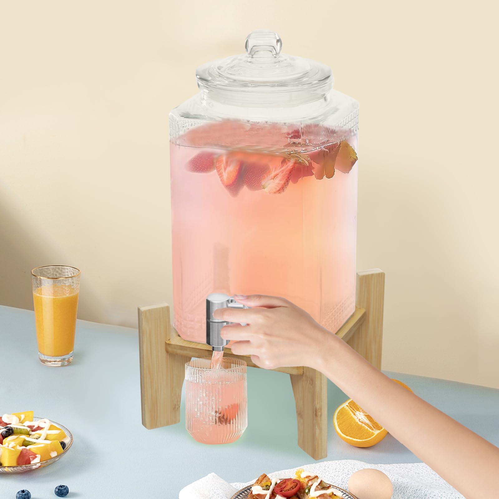 Dispensador de bebidas con grifo, dispensador de agua de cristal, dispensador de zumo con soporte de bambú, dispensador de té helado, dispensador de limonada para restaurantes, hoteles, fiestas
