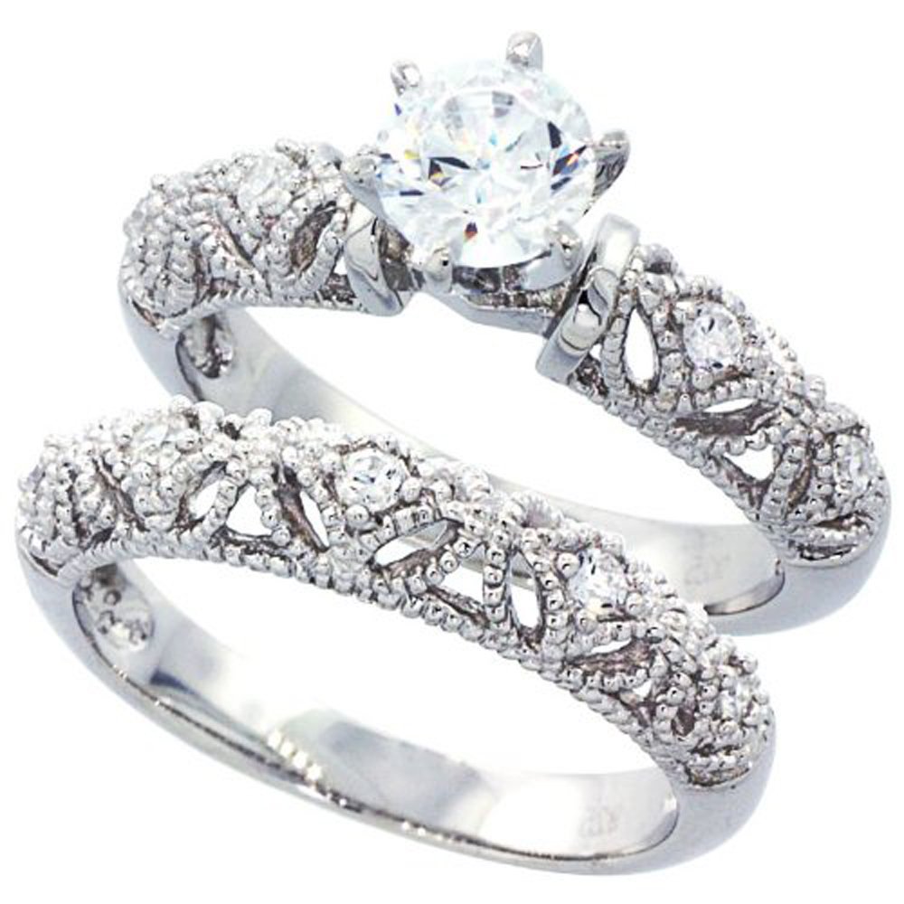 14k White Gold Rhodium Plated Sterling Silver Wedding And