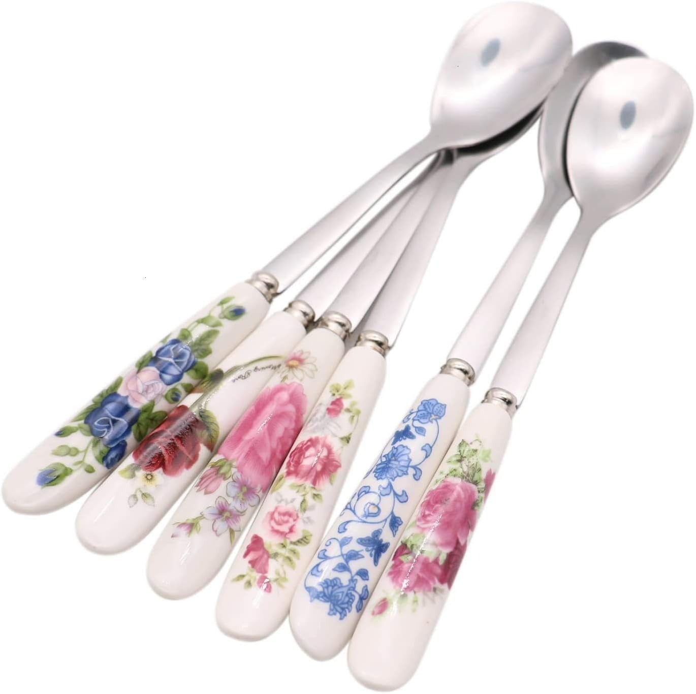 Cool Cook 6 Pack Stainless Steel Coffee Spoon With Ceramic Handle - Teaspoon for Sugar, Ice Cream, Dessert, Stirring Soup - Tableware