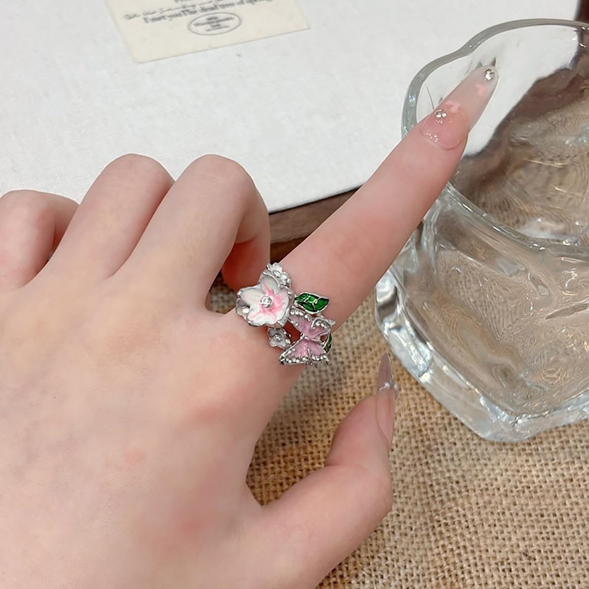 Butterfly Flower Ring for Women Enamel Flower Butterfly Finger Ring with Adjustable Opening Pink Ring Sparkling Fashion Flower Ring Christmas Birthday Party Prom Clothing Jewelry