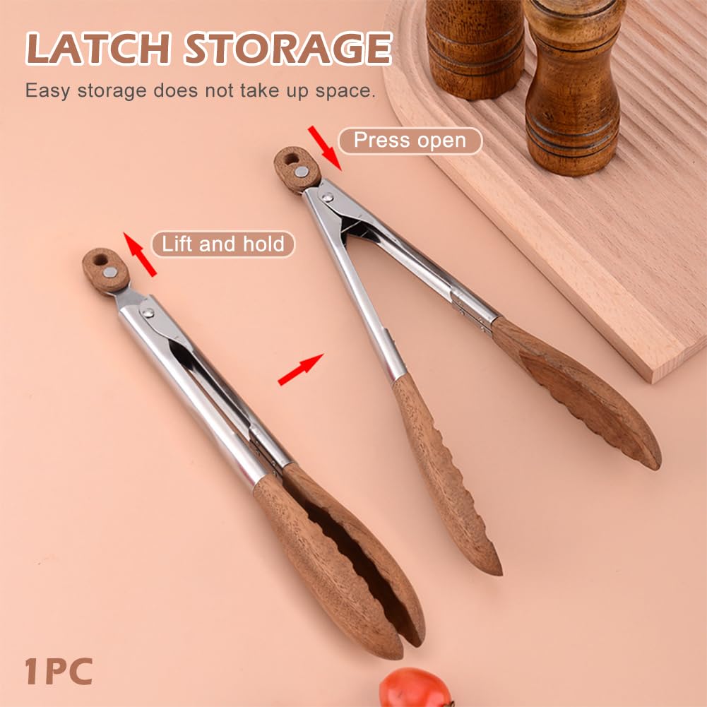 Holzzange, hochwertige Servierzange aus Holz mit rutschfestem Griff, hitzebeständige Küchenzange, ideal für Grill, Salat, Toaster, Brot, Gurken und Wenden von Burgern (Silber + Braun)