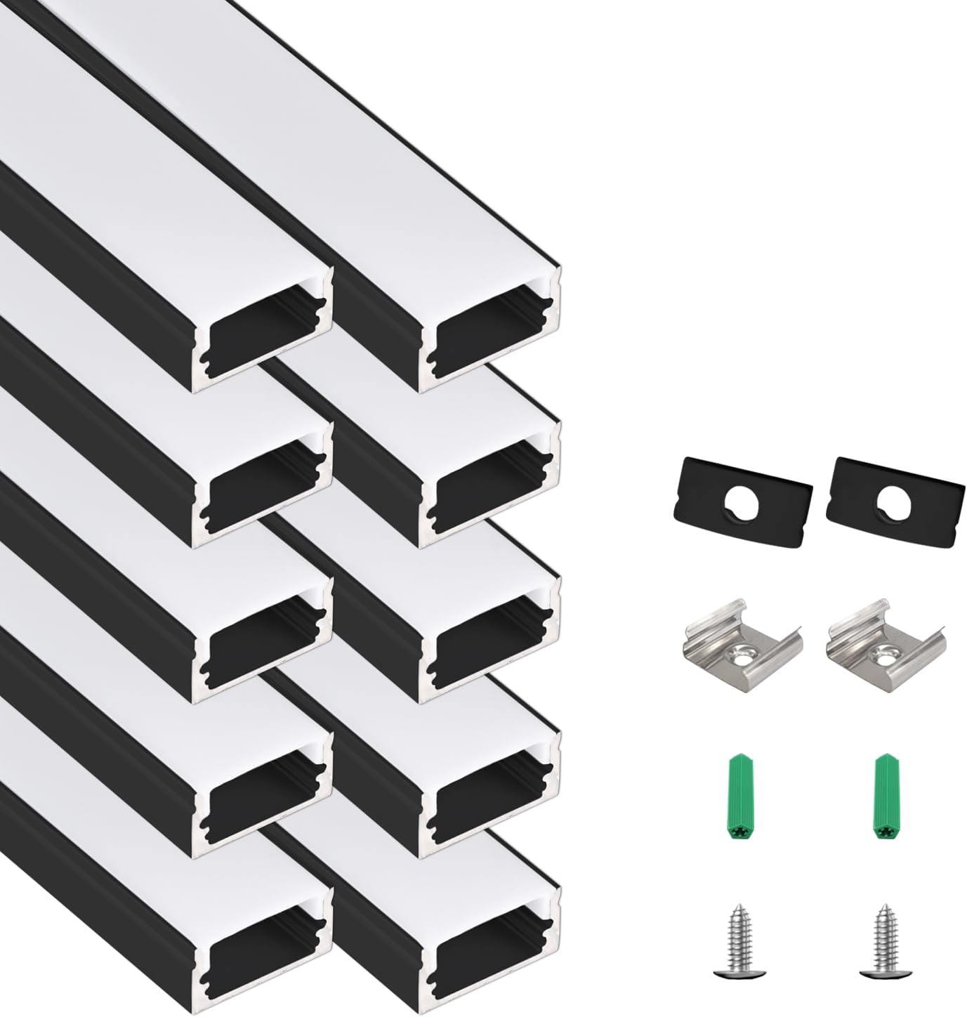 10-Pack 3.3ft/1M U Shape Black Led Aluminum Channel System with Milky White Diffuses Cover, End Caps and Mounting Clips, Aluminum Profile for 12.5mm LED Strip Light Installations, Easy Installation Black Aluminum + White Cover 3.3FT/10P/#048