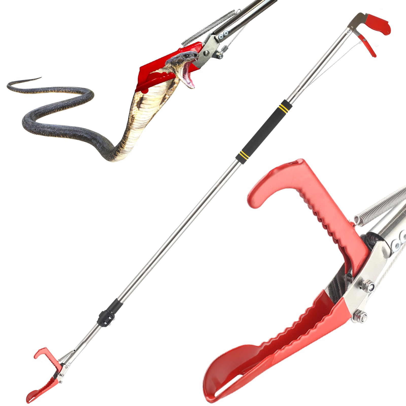 Snake Pole Grabber Catcher, 65 Inch Snake Clamping Tool for Safe Snake Handling and Rattlesnake CaptureMade of stainless steel tubing sponge handles and plastic. (red)