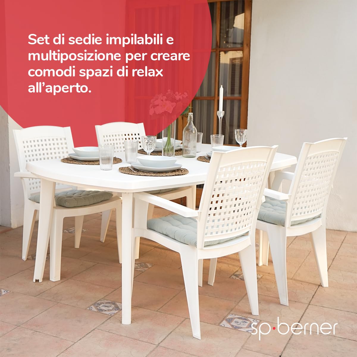 SP Berner SHAF - Confezione da 4 Sedie - Giardino Esterno e Terrazza - Plastica Riciclata Resistente UV - Impilabili - Modello Metallo - Bianco
