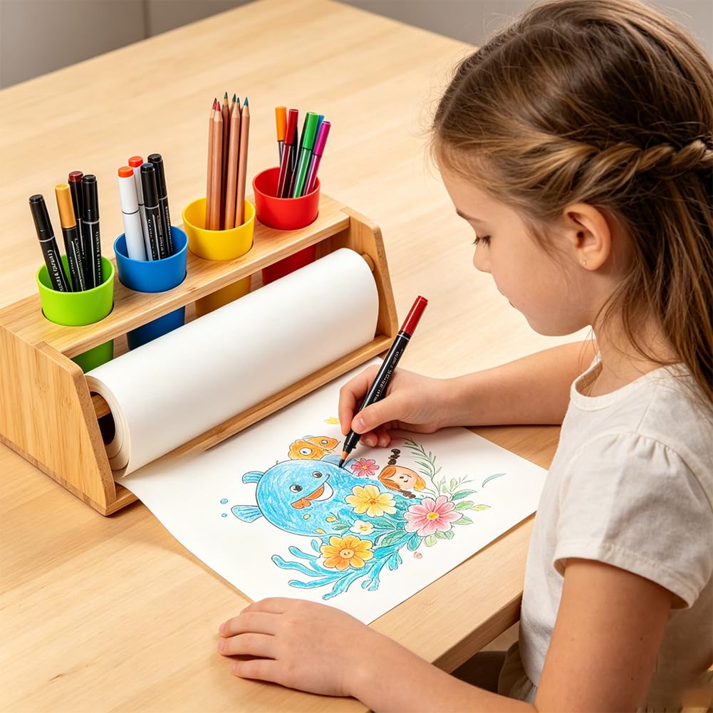 Tisch Malpapier Kinder Maltischdecke mit Bambus-Halter & ungiftigen Farben – Rutschfeste Staffelei – 35-teiliges Kreativ-Set inkl. 12 Stiften, Pinseln, Sicherheits-Papierschneider & Papierrolle