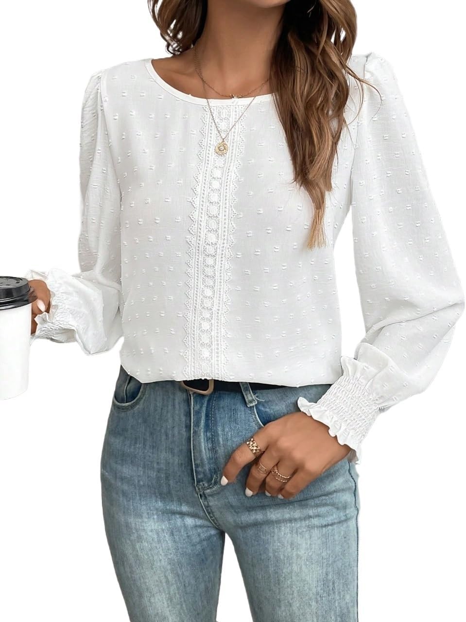 Women's Classic-Fit Shirt Dot Lace Lantern Sleeve Blouse(Small)
