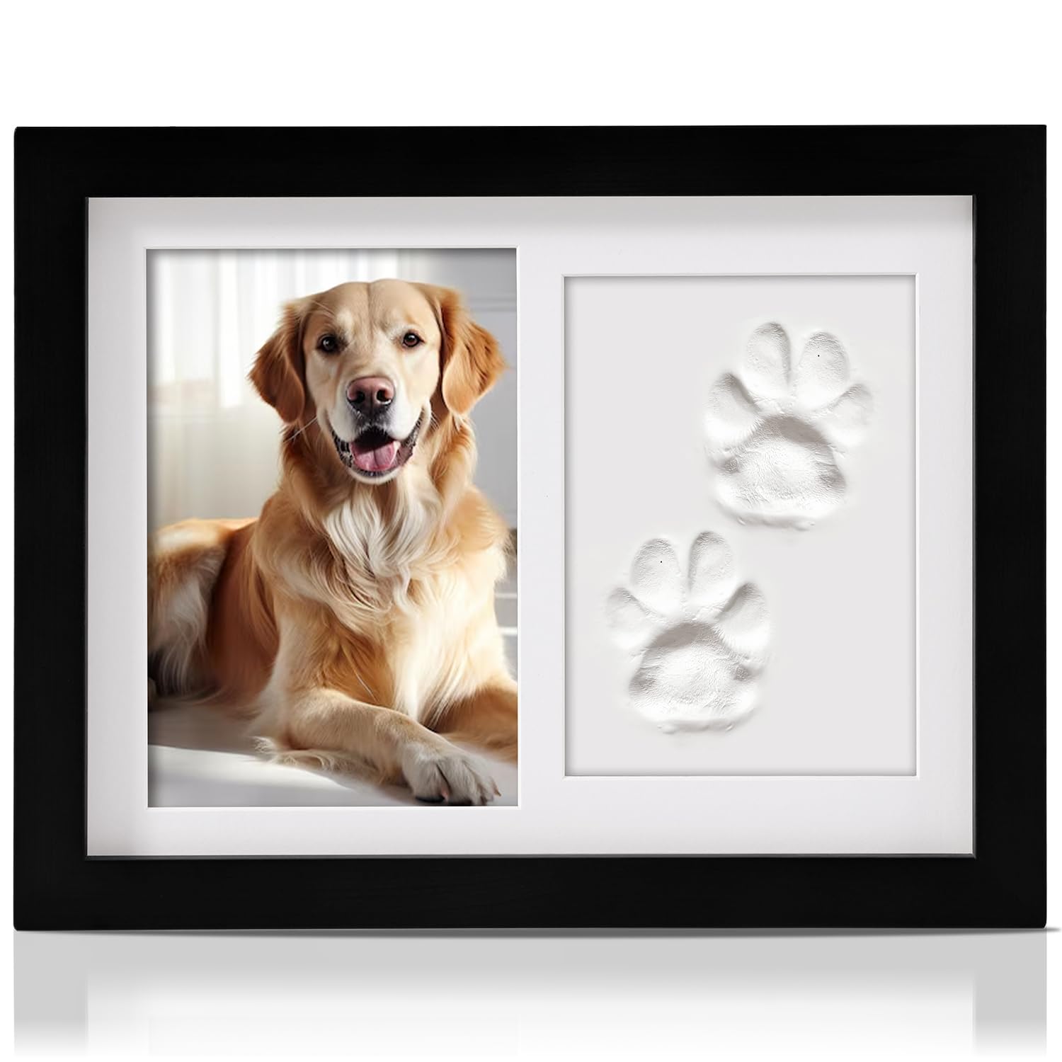 PewinGo Pet Memorial Frame for Dogs and Cats,Pet Paw Print Photo Frame with Clay Imprint Kit,Pawprint Making Kit and Photo Display for 6" x 4" Photo, Perfect Pet Keepsake Gift for Pet Owner-Black