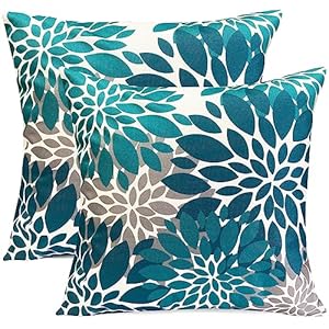   Decorative-Throw-Pillow-Covers-Set-of-2-Teal-Blue-Pillow-Covers-18x18-Inch-Couch-Pillow-Covers-for-Sofa-Living-Room-Outdoor-Throw-Pillow-Cover-Linen-Floral-Flower-Farmhouse-Pillowcase