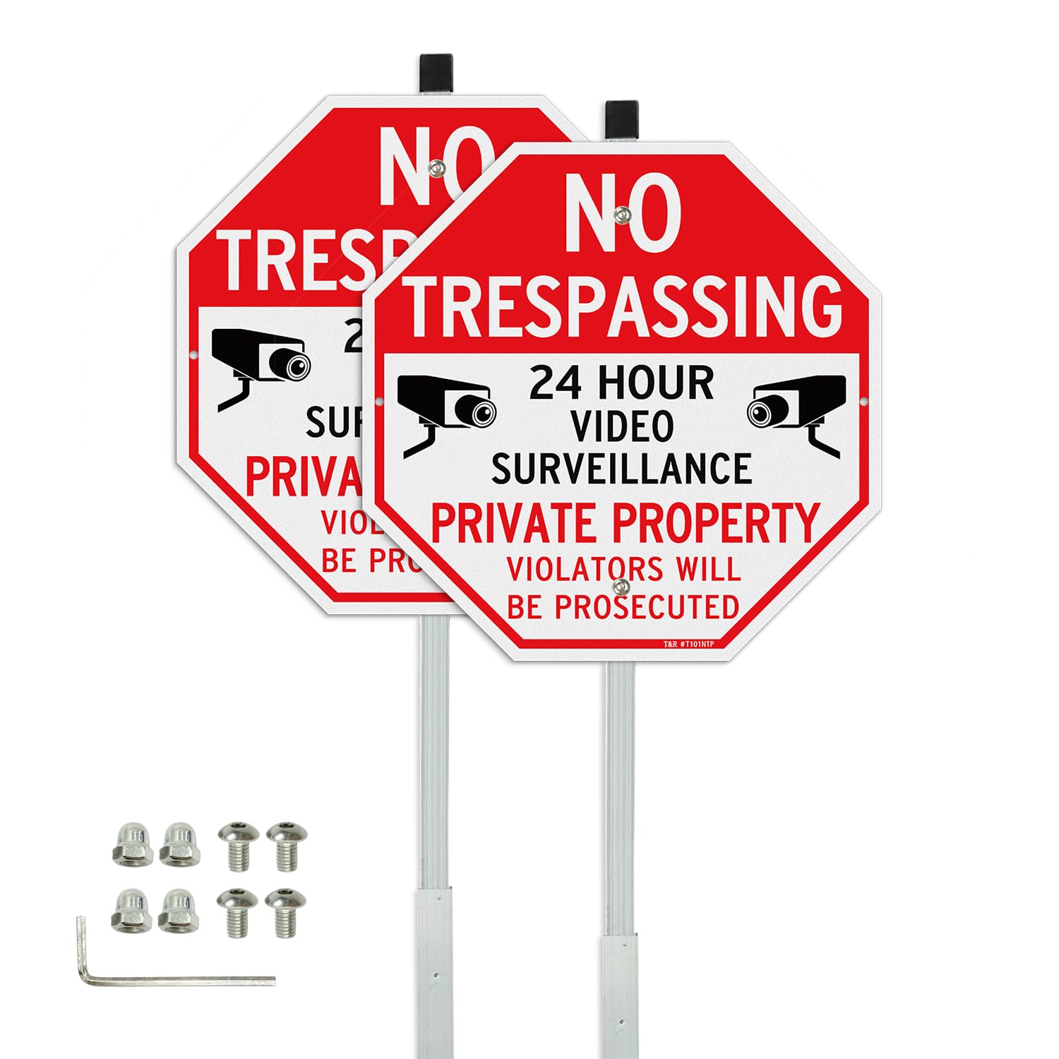 T&R Large No Trespassing Private Property Sign Video Surveillance Sign with 36" Stake for Outside - 2 Pack - 12"x12" .040 Rust Free Heavy Aluminum, Reflective, Waterproof, Weatherproof and Fade