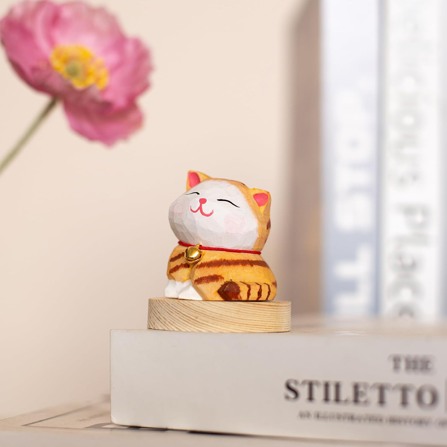 Cute 1.6" Mini Hand-Carved Wooden Orange Cat Figurine with Base, Adorable Tabby Cat Desk Decor, Aesthetic Home Ornament, Gift for Cat Lovers image 3