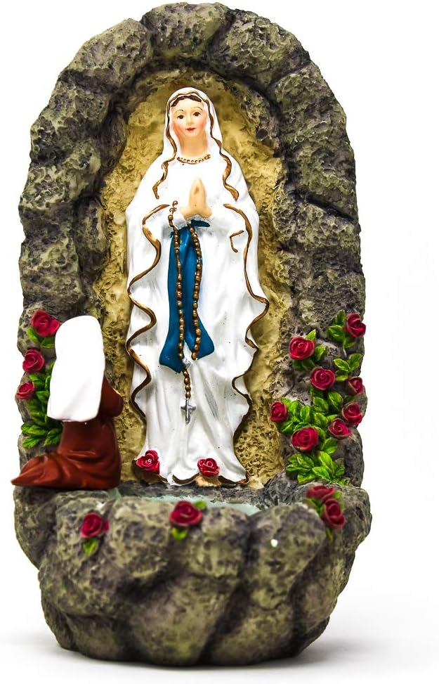 Catholic Gift Shop Lourdes Holy Water Font depicting the Lourdes Apparitions, with St Bernadette knealing to Our Lady of Lourdes (3035)