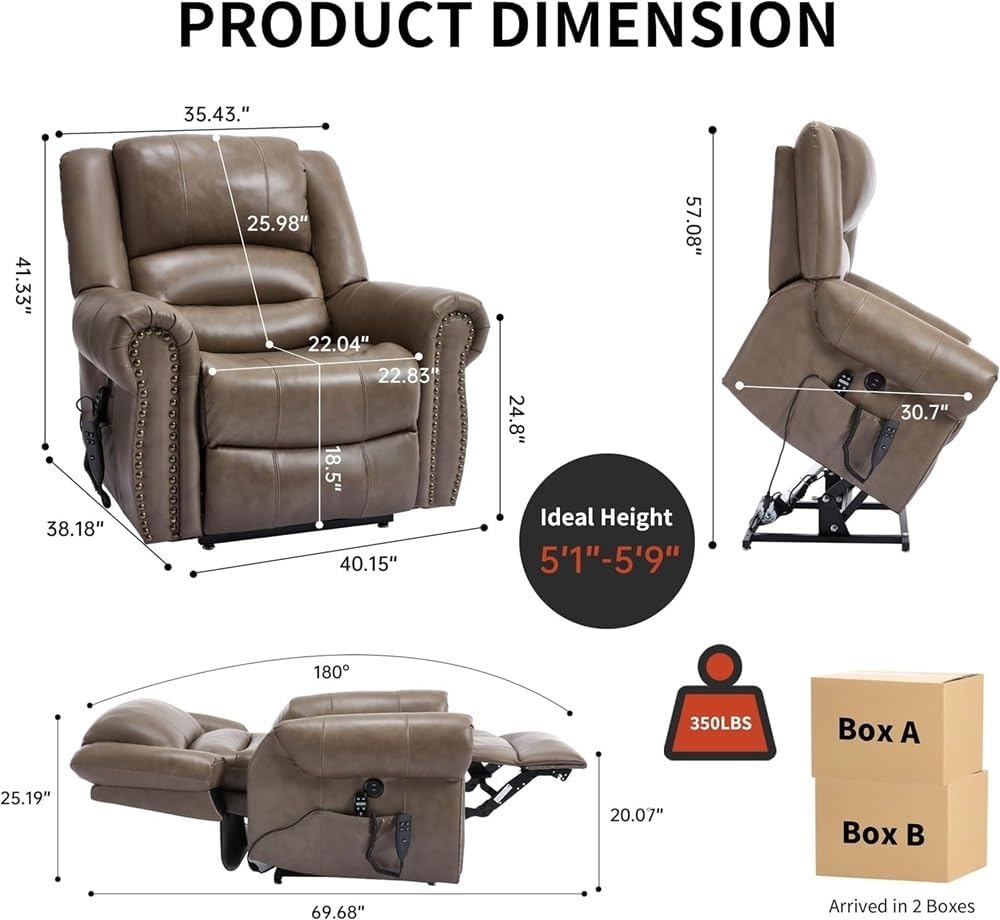 Dual Motor Power Lift Recliner Chair Lay Flat Electric Massage Heat for Elderly Remote Control Infinite Position Standing Assistance USB Port Genuine Leather Khaki Living Room Lounge Sofa