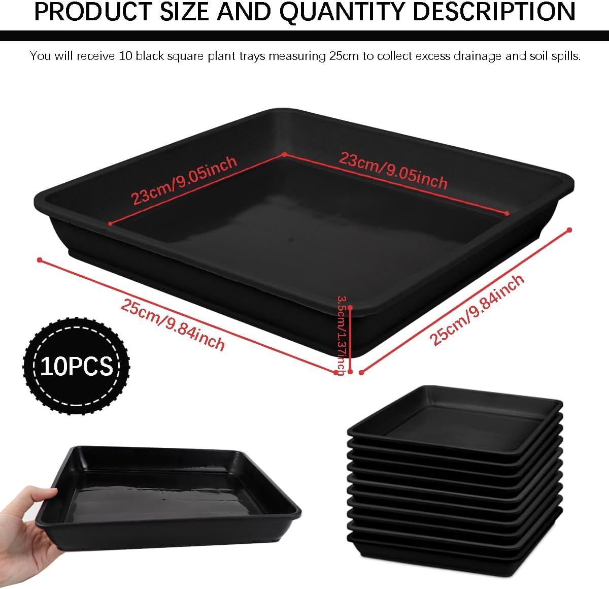 10Pcs 9 Inches Square Plastic Plant Saucer Flower Pot Tray Plant Saucer Tray for Garden Potted Water Drips and Soil（Black）