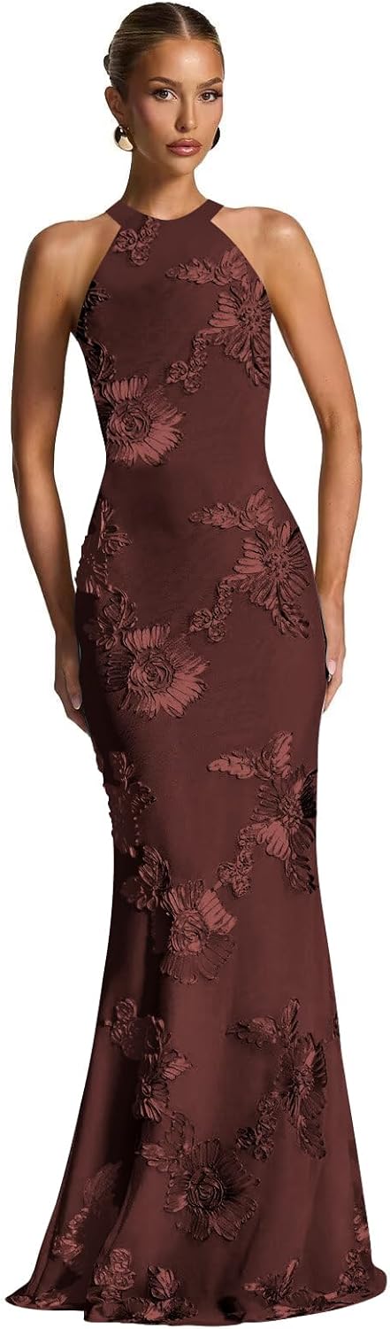 Halter Mermaid Prom Dresses 2026 Long Floral Mesh Embroidery Formal Evening Gowns
