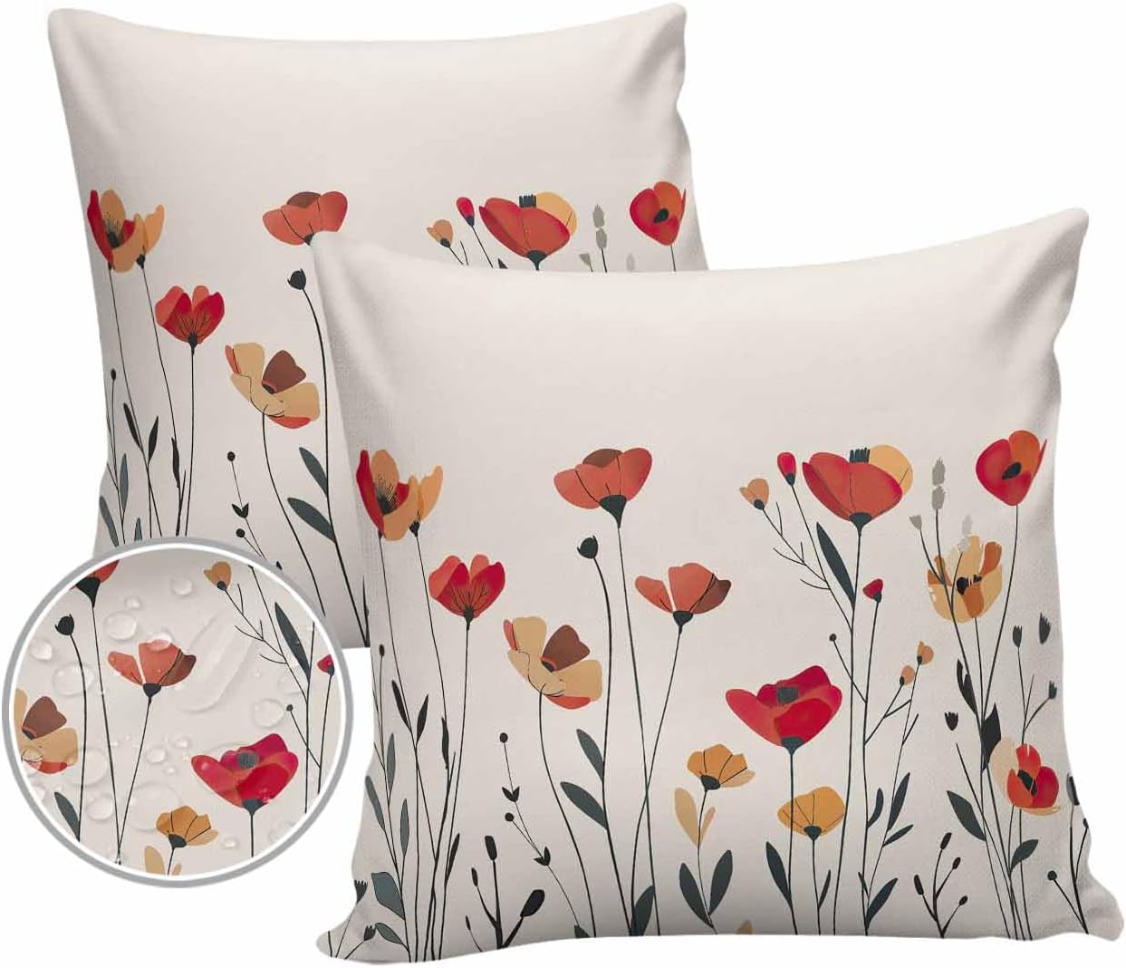 Red Yellow Spring Floral Waterproof Outdoor Throw Pillow Covers 26''x26'' Pack 2, Pillow Cases Throw Cushion Cover with Hidden Zipper Modern Abstract Art Washable Pillowcase for Poolside Sofa