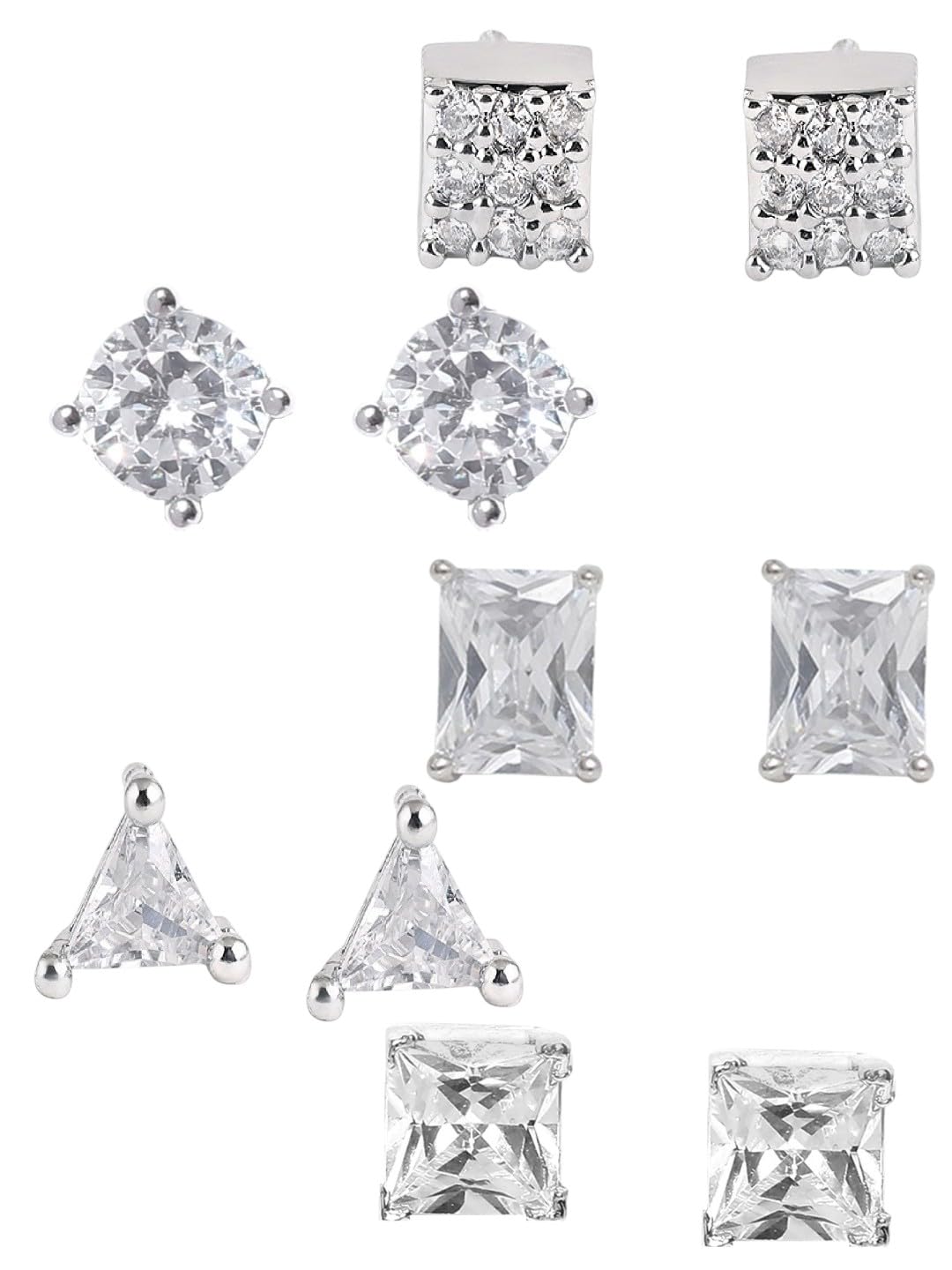 oomph Jewellery Combo of 5 Silver Stud Earrings For Men Stylish - Solitaire Cubic Zirconia - Small Square,Round,Triangle Shape-picture-32