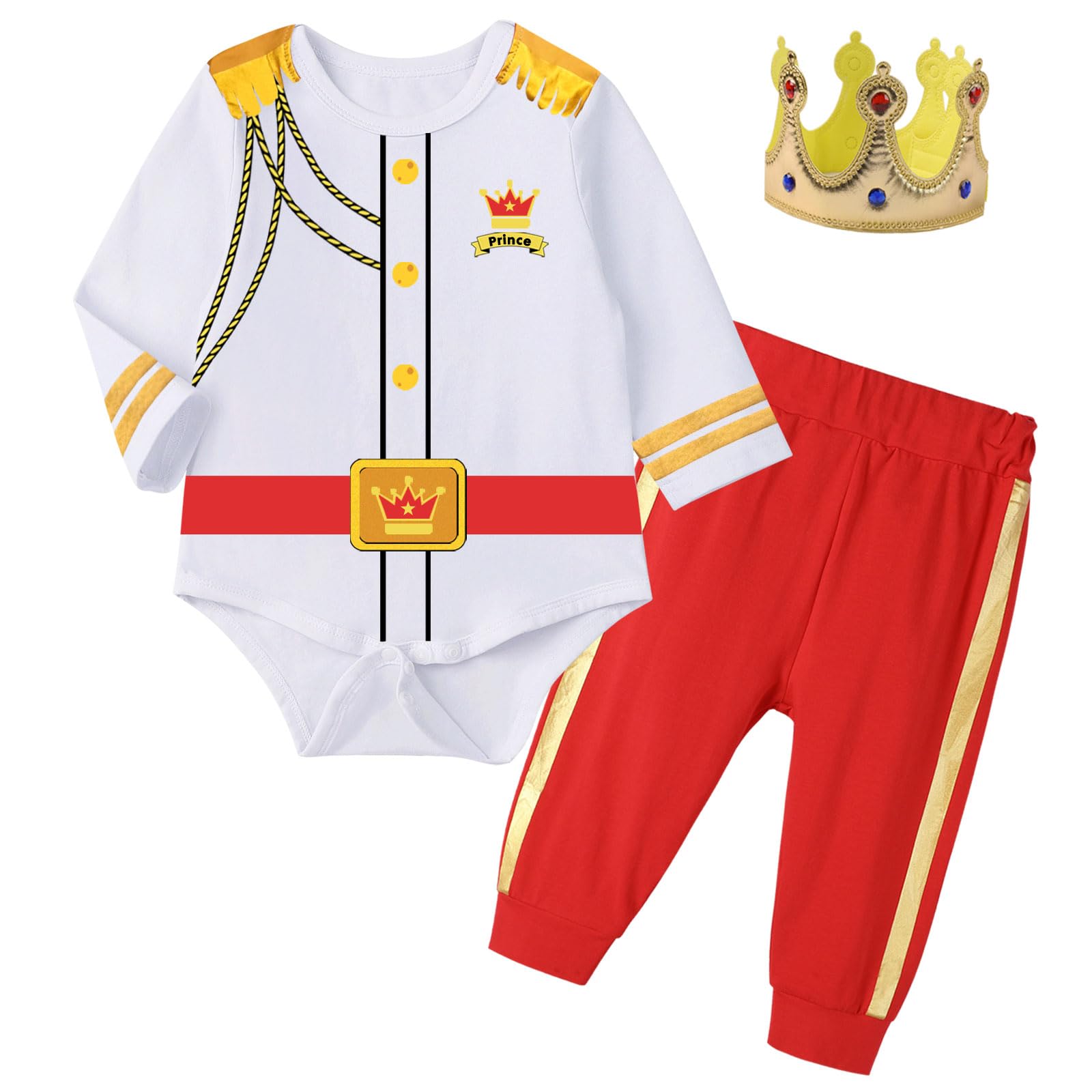 Xuomuen Baby Boys Prince Charming Bodysuits Costume Outfit Royal Prince Dress up with Crown for Infant Halloween Cosplay