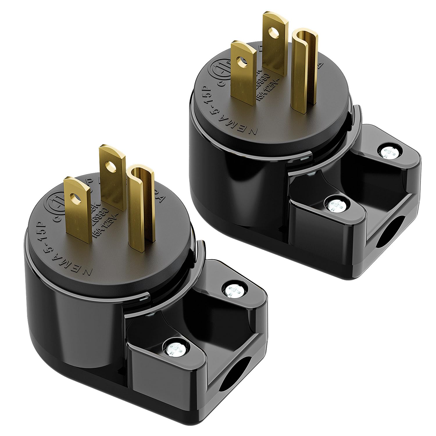 Right Angle 3 Prong AC Power Adapter - 2 Pack NEMA 5-15P Rewirable Plug, 15A 125V Household DIY Plug, 12 Directions Male USA Canada AC Power Adapter, ETL cETL Listed, Black