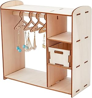 SUPERFINDINGS Assembled Wooden Doll Closet Earring Hanging Display Stands Dollhouse Wardrobe with 2Pcs Miniature Drawers and 8Pcs Small Hangers Earring Holder Stand Organizer Dollhouse Furniture Acces