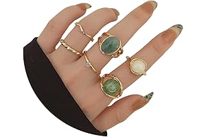 6PCS Gold Green Rhinestone Ring Sets for Women: Natural Gemstone Band Rings:...
