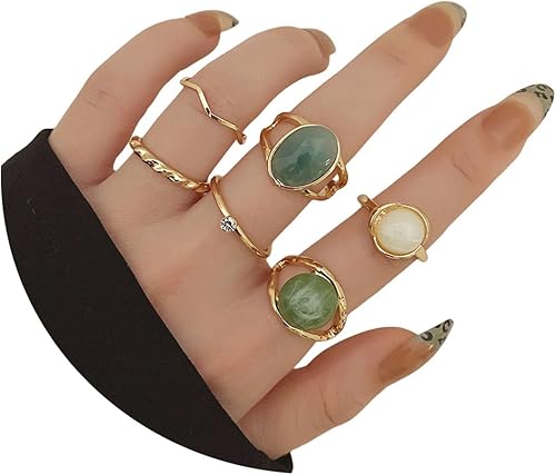 Juego de 6 anillos de diamantes de imitación dorados y verdes para mujer, anillo de piedra preciosa natural, anillo de buena suerte, anillos verdes