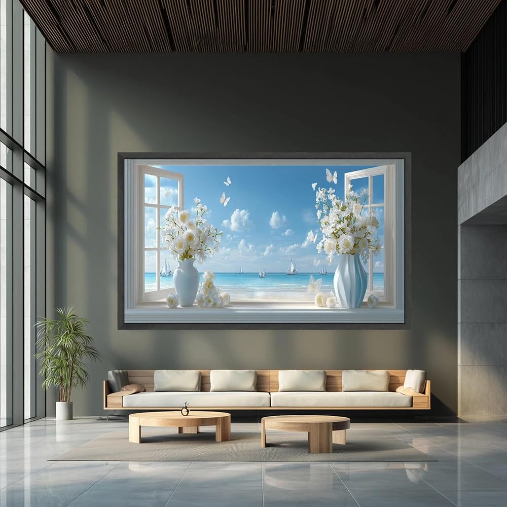 GKUVBF Stampe su tela con finestra sul mare, vaso di fiori bianchi, farfalla e scena oceanica per l'arredamento del soggiorno (60x120 cm/senza cornice)