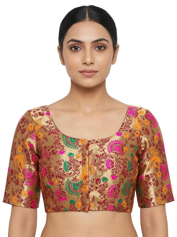 Women’s Golden Paithani Silk Readymade Saree Blouse | U-Neck Front & Back | Non-Padded | Hook Closure | Traditional Ethnic Wear for Festive and Party Occasions