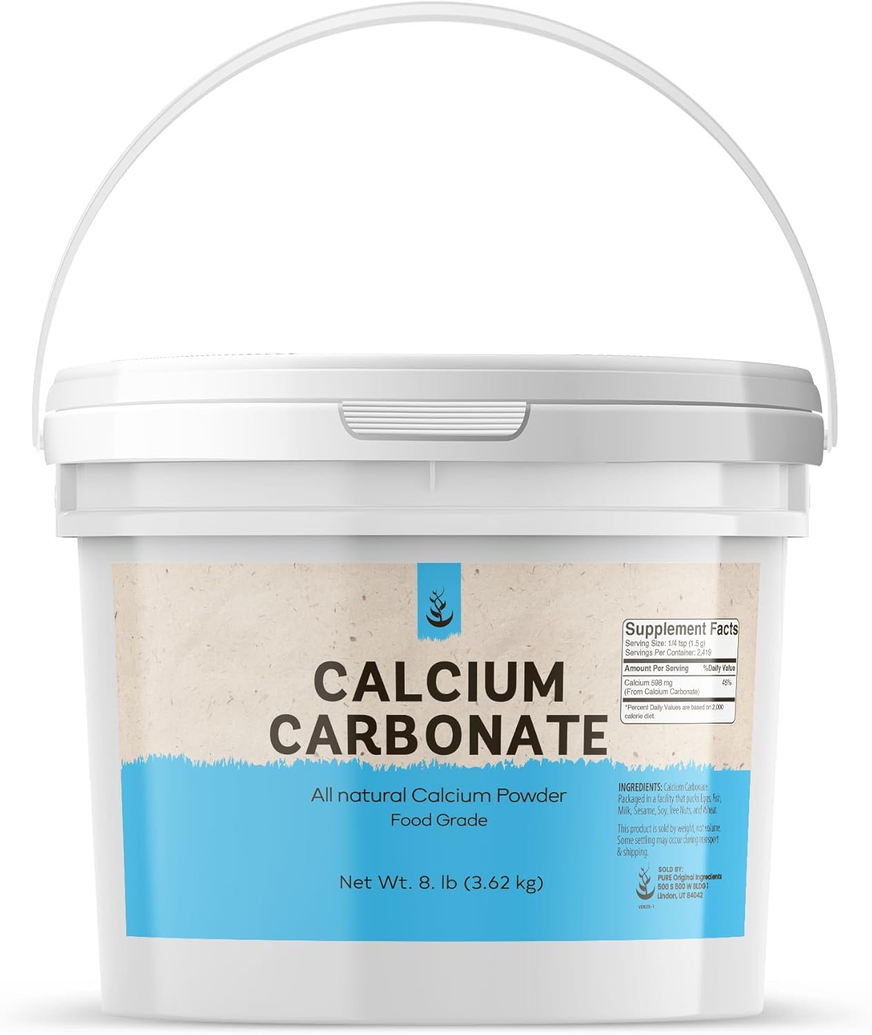 Pure Original Ingredients Calcium Carbonate Powder (1 Gallon) Dietary Supplement, Food Preservative, Reusable Plastic Bucket