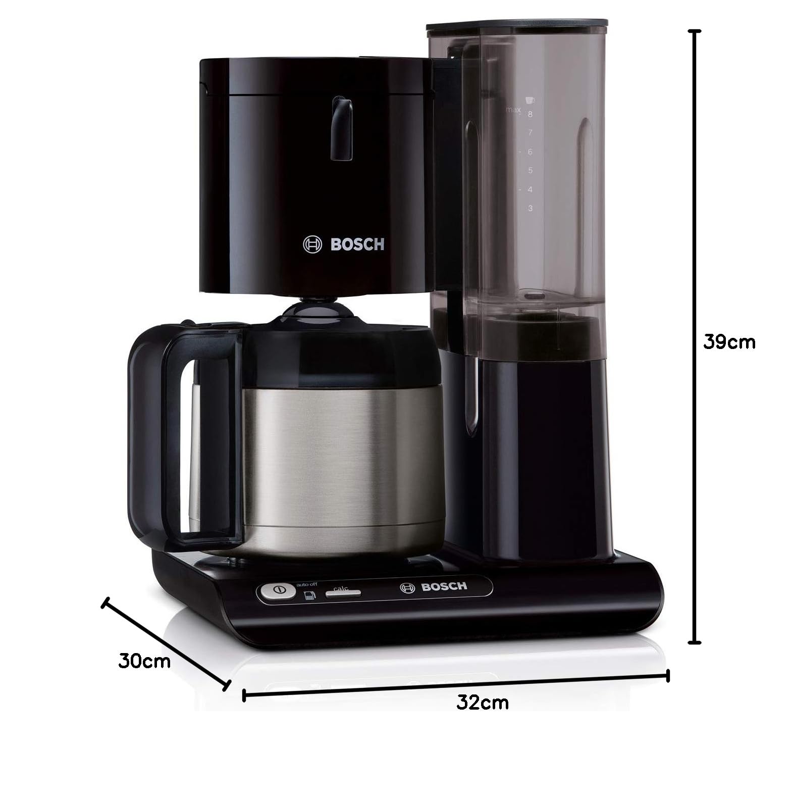 Bosch Filterkaffeemaschine Styline TKA8A053, Aroma Sensor, Edelstahl-Thermokanne 1,1 L, für 8-12 Tassen, Abschaltautomatik, Entkalkungssystem, Tropfstopp, abnehmbarer Wassertank (1 L), 1100 W, schwarz