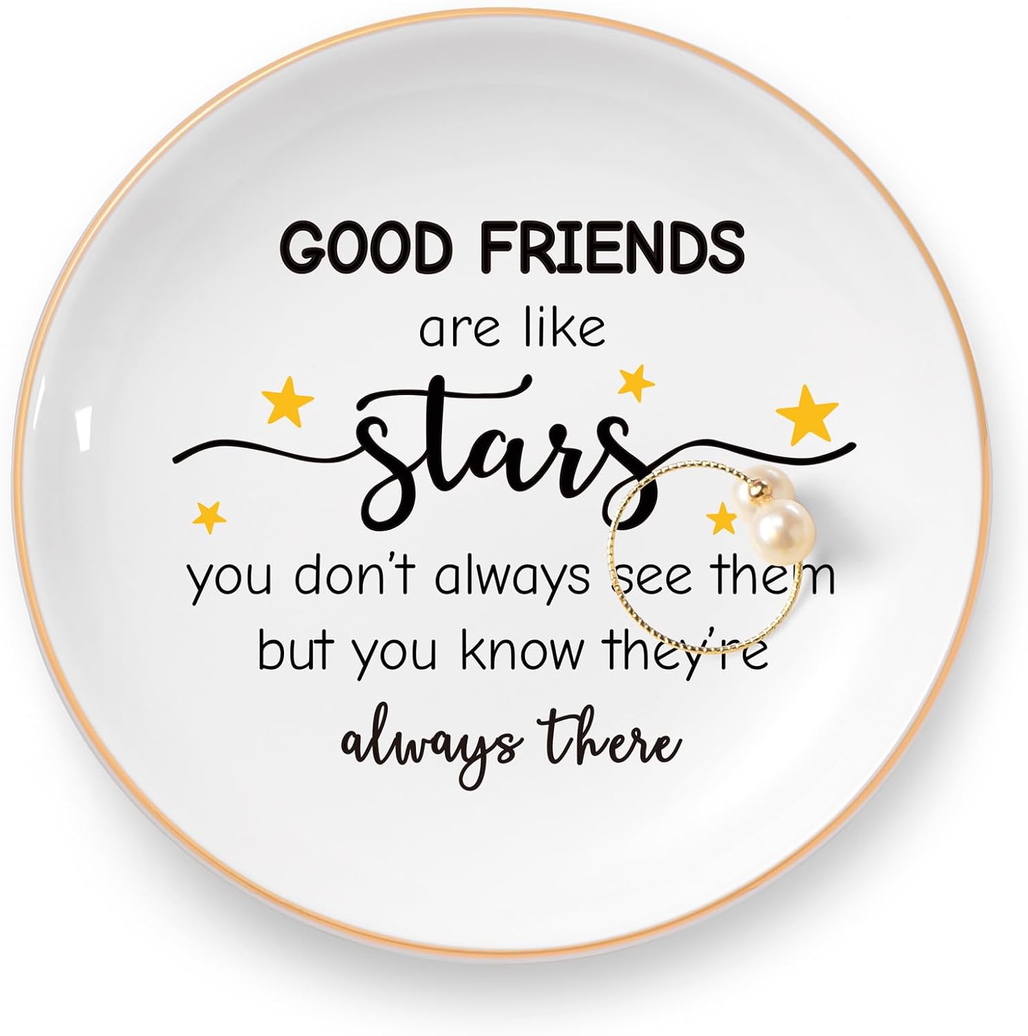 Elegant Engraved White Ceramic Round Jewelry Dish - Best Friend, Long Distance, Going Away, Good Friends are Like Stars Gifts