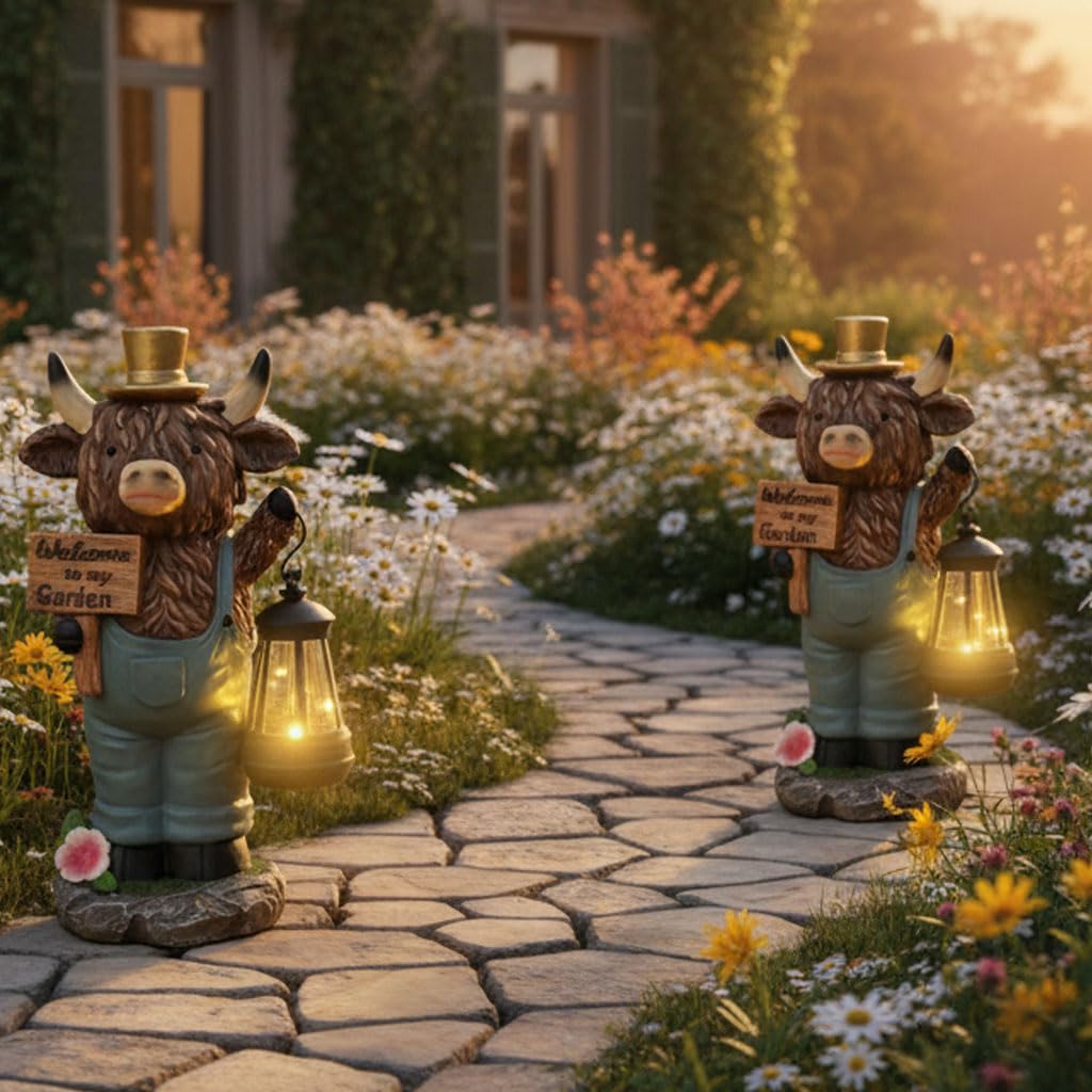 Zasilana energią słoneczną lampa ogrodowa Highland Bull, 15 cm, statuetka krowy z latarnią, wodoodporna rzeźba zwierząt na podwórko, patio, dekoracja trawnika
