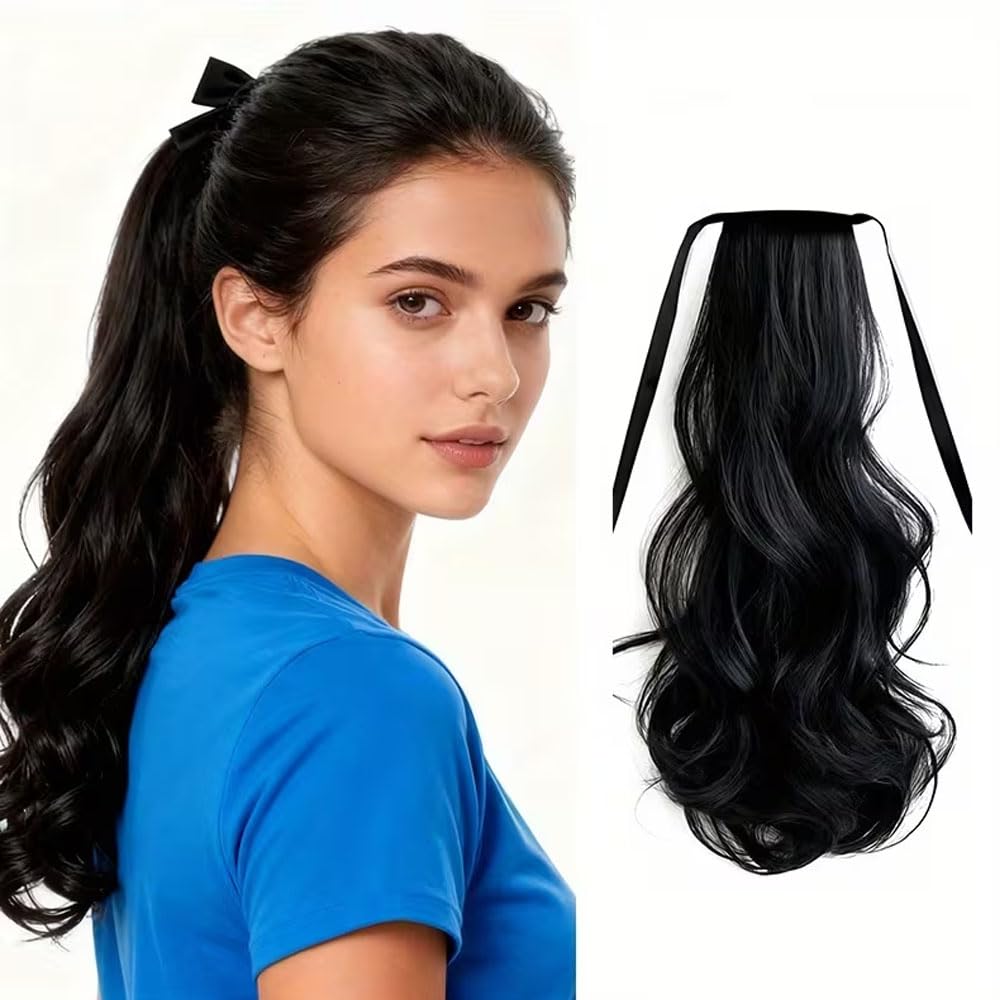 Ashkash 1Pcs Women'S Fashion Binding Tie up Ponytails Synthetic Ribbon Ponytail Extensions Hair Wrap Around Long Curly Wavy Soft Silky Clip in Pony Tail Extensions for Women (Black)-image-47