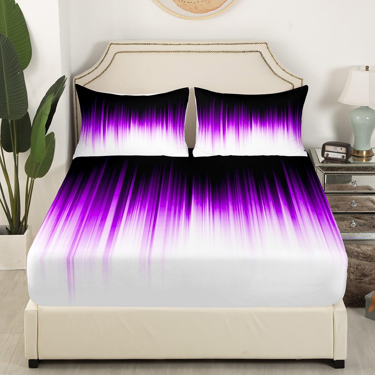 Modern Tie-dye Bedding Set Twin Size Geometric Abstract Bed Set for Girls Teens Bedroom Decor Kids Purple Black White Fitted Sheet Soft Microfiber Ombre Art Bed Cover(1 Fitted Sheet+1 Pillow Case)