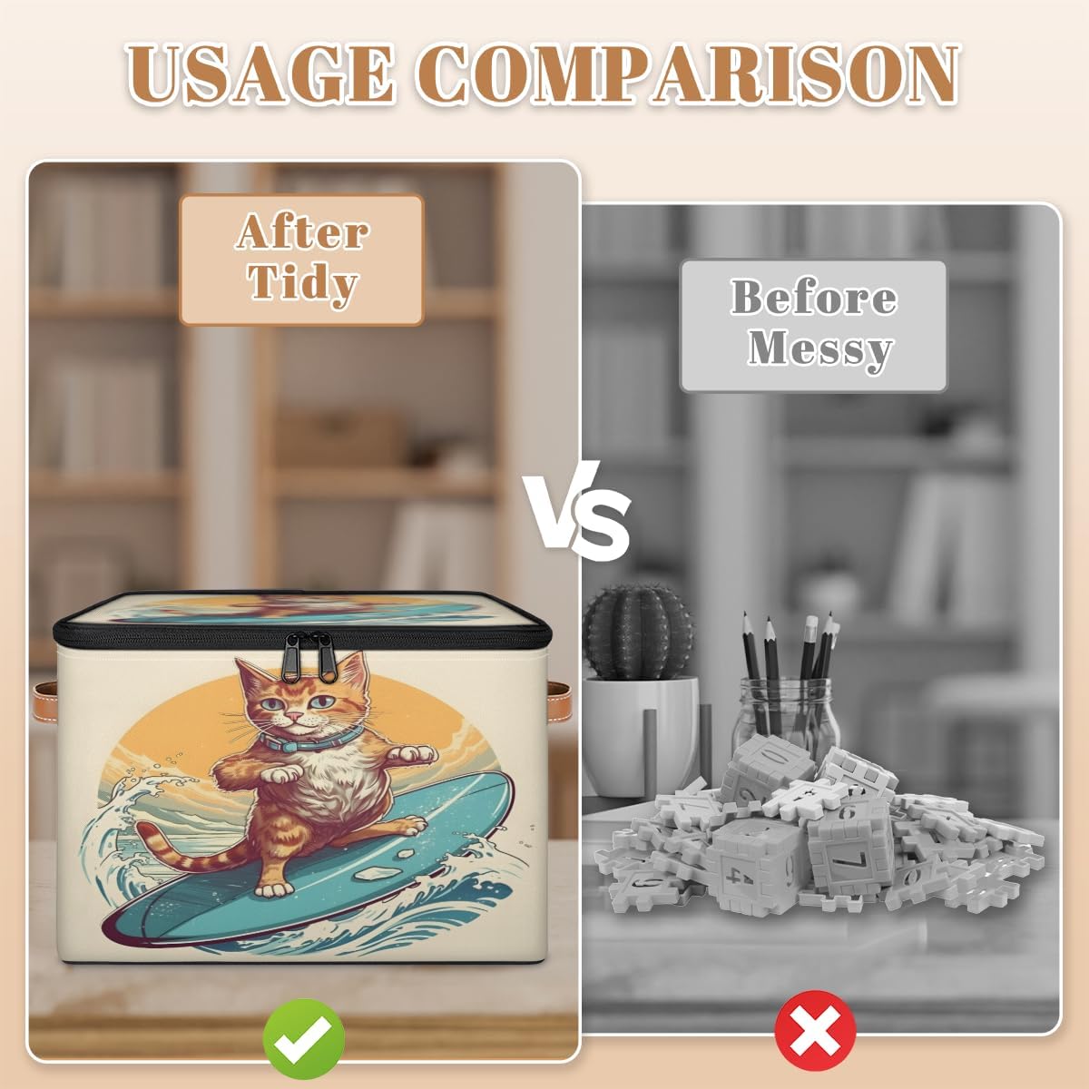 Storage Bin Set of 2 Water Ski Cat Storage Basket with Zipper Lid & Handle Foldable Closet Shelf 2 Pack Cloth Organizer Basket Cube Bins Clothes Organizer for Bedroom, Nursery