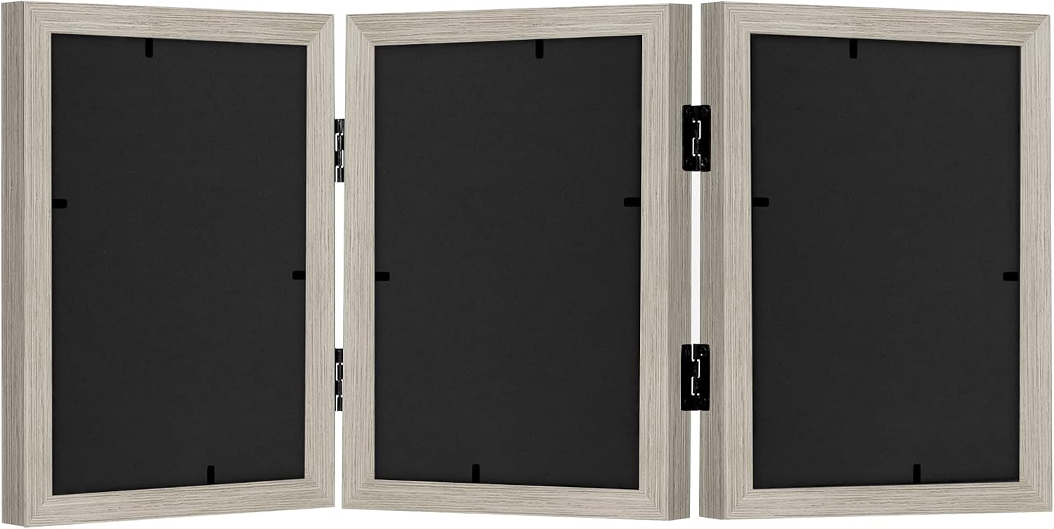 Americanflat Hinged 3 Picture Frame 5x7 with Shatter-Resistant Glass - Signature Collection - Foldable Picture Frame for Tabletop Display - Driftwood