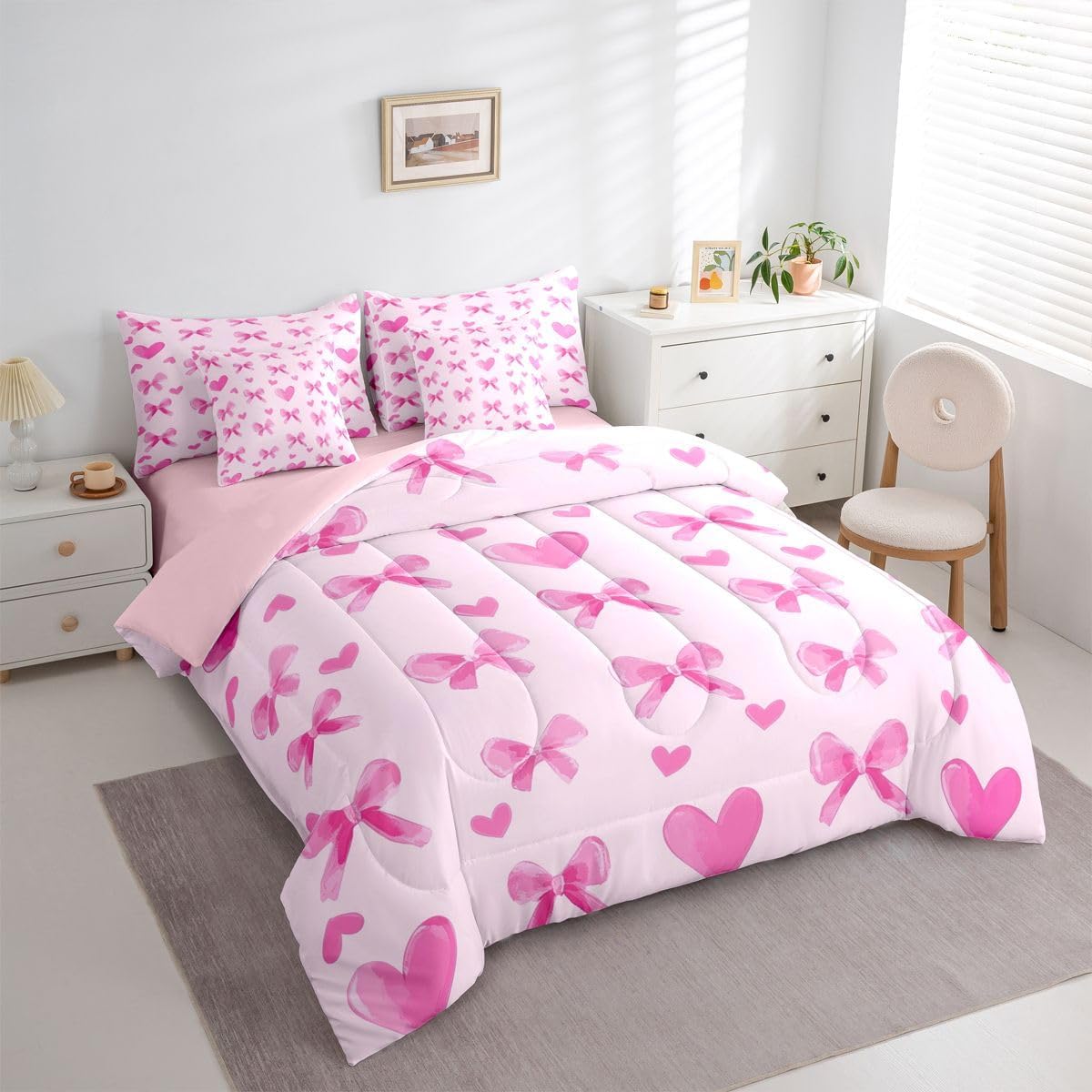 Erosebridal Girly Bowknot Twin Comforter Set for Girls 7 Pieces, Kawaii Ribbon Bow Bed in A Bag for Bedroom, Bow Tie Bedding Set with Comforters, Sheets, Pillowcases Pink Aesthetic Room Decor
