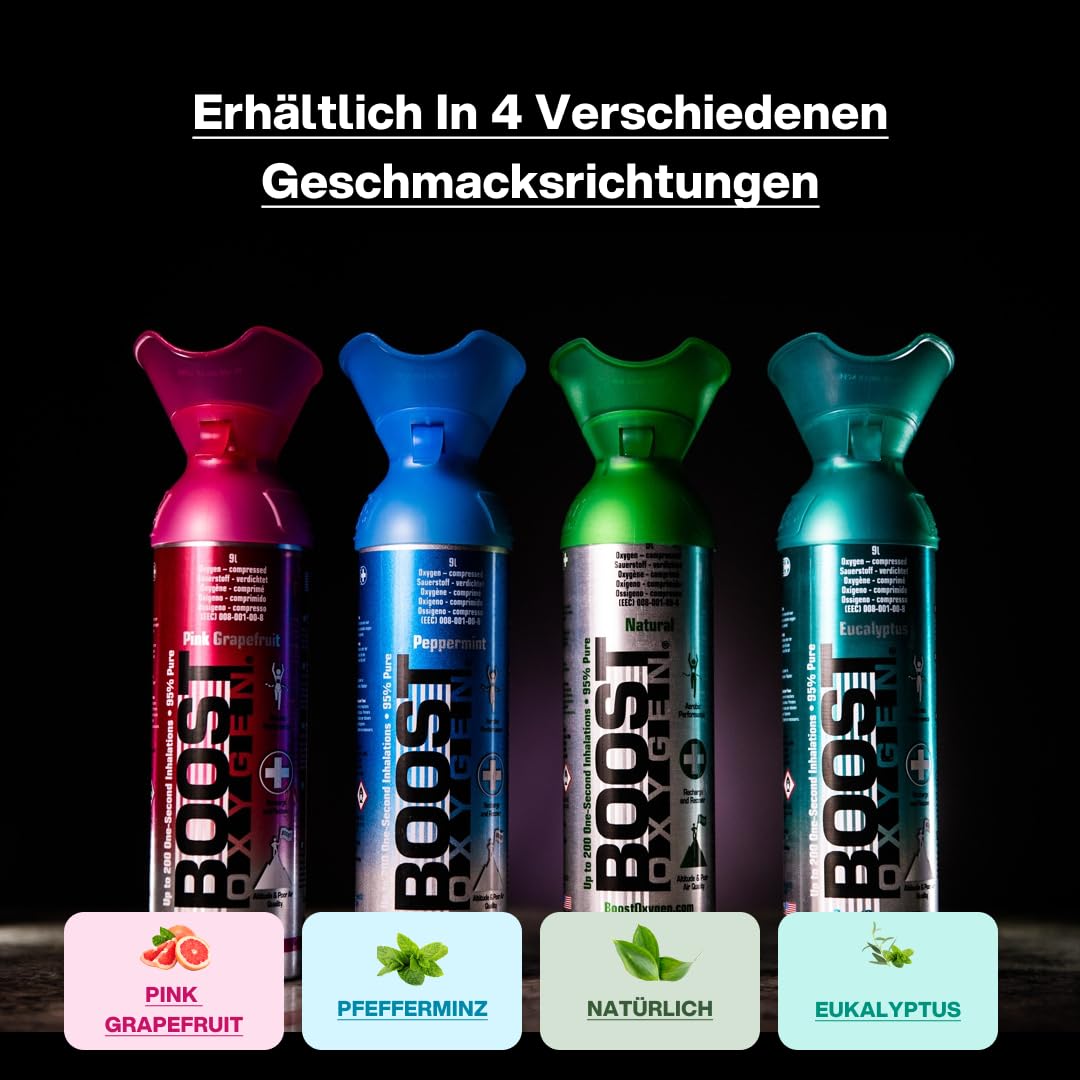 Boost Oxygen Sauerstofflasche für Unterwegs mit 95% Sauerstoff - 54L, 6x9L Sauerstoffdose mit Sauerstoffmaske für mehr als 900 Inhalationen- mobiler Sauerstoff Inhalator (Rosa Grapefruit Geschmack)
